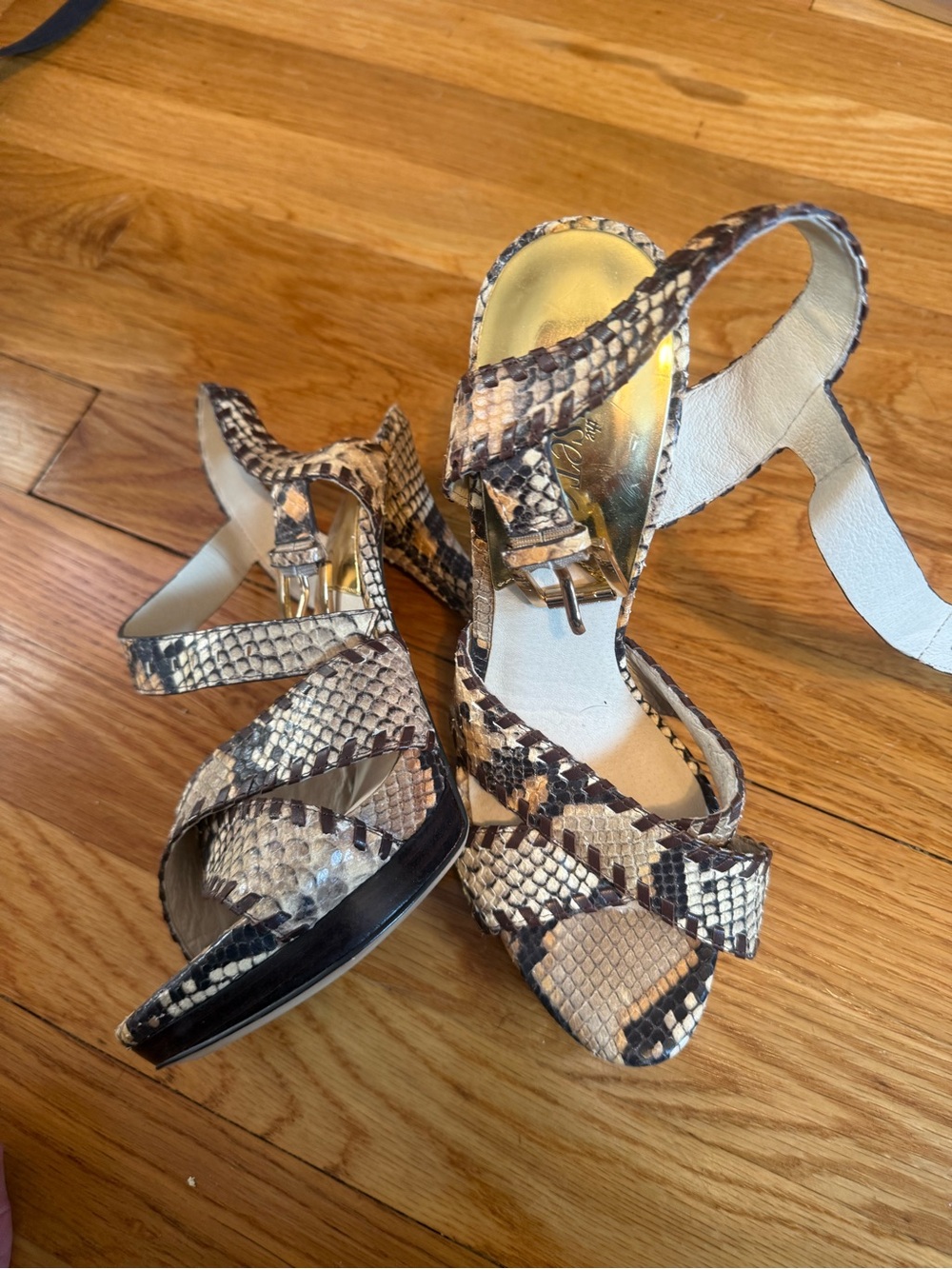 Michael Kors Snake-Print Strappy Heels in Beige and Black